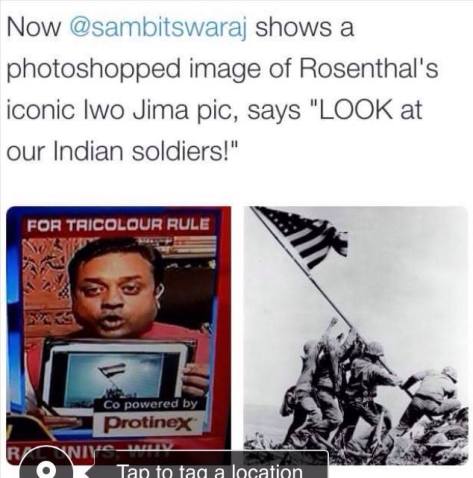 Sambit Patra on Times Now Debate on Flags in Universities with Photoshopped Iwo Jima Picture